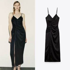 NWT Zara Midi Slip Dress Black with Front Slit and Ruching Satin Effect